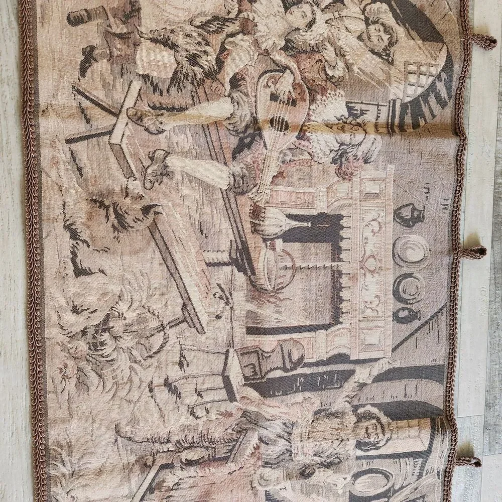 Vtg Belgian Jacquard Tapestry 54x19 Tavern Scene Sepia Woven Wall Hanging 1900s
